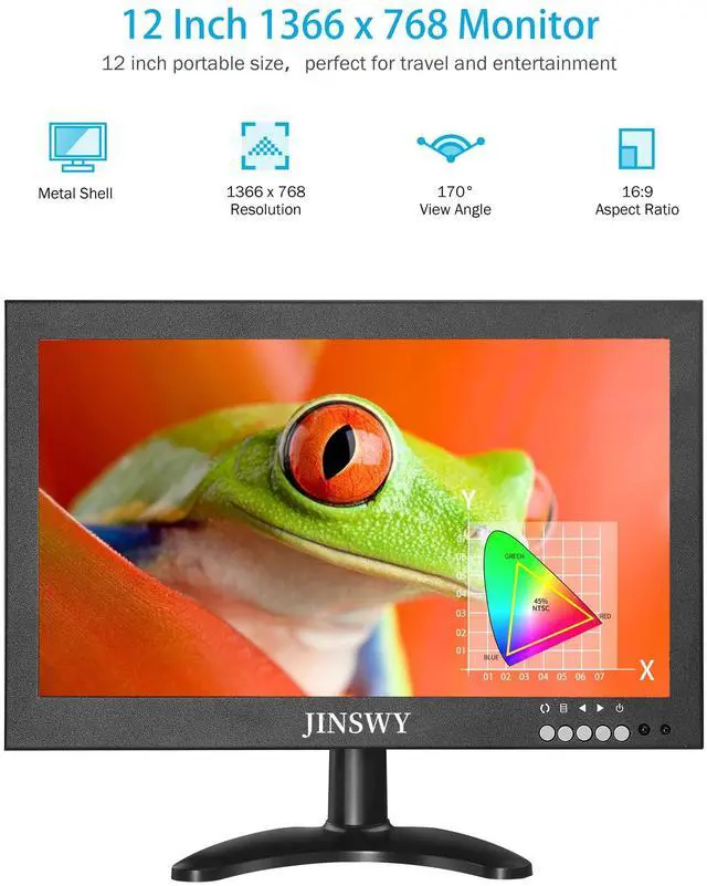 Alt view image 4 of 5 - JINSWY 12" Mini Security Monitor, IPS 1366x768 Metal Screen, HDMI/VGA/AV/BNC/USB Input, Built-in Speakers & Remote, for CCTV Surveillance and Security Systems