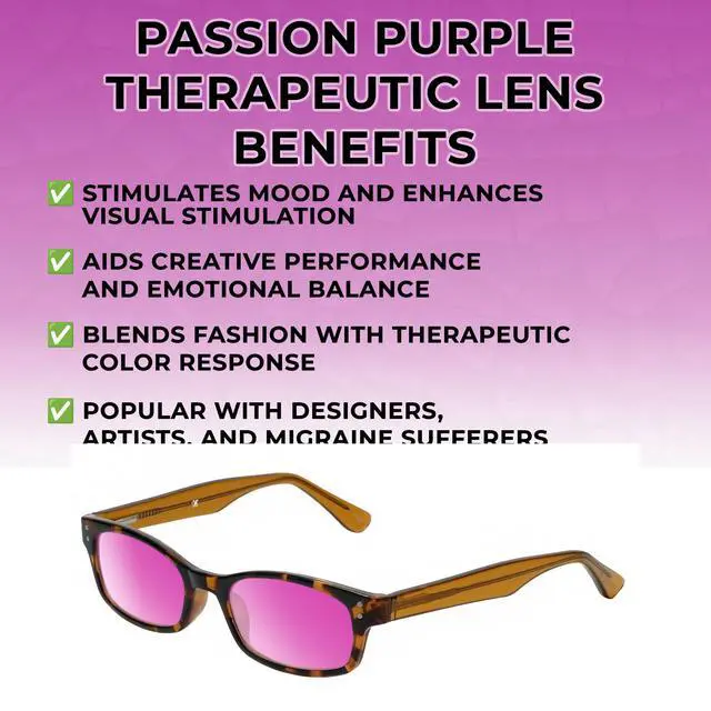 Alt view image 3 of 5 - Medspex Corinne McCormack Channing Color Therapy Reading Glasses +4.50 Tortoise Havana Brown Gold Amber/Passion Purple Womens Fluorescent Light Sensitivity Chromotherapy Chakra Healing