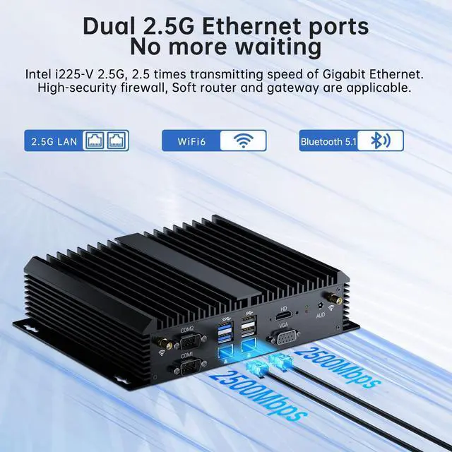 Alt view image 5 of 5 - Kinupute Industrial Mini PC, Fanless Desktop Computer Core i7-1165G7 2.8-4.7GHz, Windows 11 Pro, 32G DDR4 RAM, 1T SSD, VGA/HDMI 4K@60Hz, 2x2.5G LAN Ports, 6xCOM RS232, 4G Module Slot, WiFi6/BT5.2