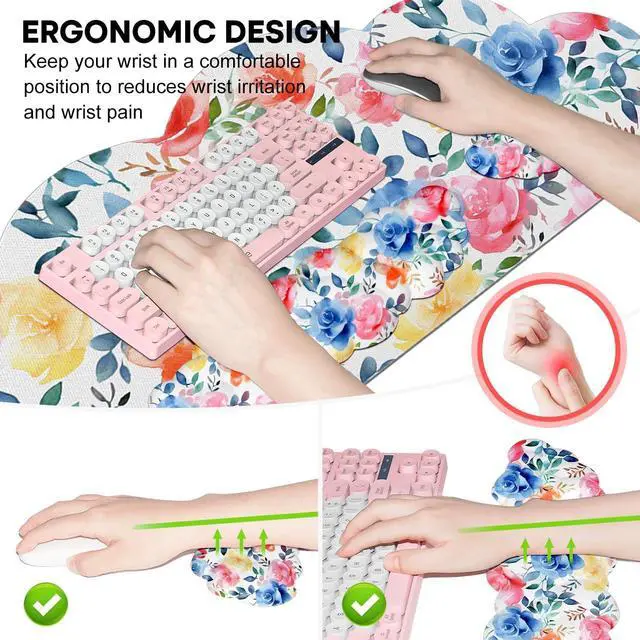 Alt view image 5 of 5 - JIKIOU Large Cloud Mouse Pad Waterproof with Cloud Keyboard Wrist Pad and Cloud Mouse Wrist Pad Set, Ergonomic Computer Desk Wrist Support Mousepad for Keyboard and Mouse 35.4x15.7in Colored Rose