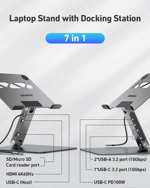 Alt view image 2 of 5 - BENFEI Laptop Stand with USB C 7in1 Docking Station,HDMI 4K@60Hz,1*SD 1*Micro SD,100W Power Delivery,10Gbps 1*USB C 3.2 and 2*USB A 3.2 Compatible with MacBook Pro/Air, iPad Pro, XPS, Thinkpad