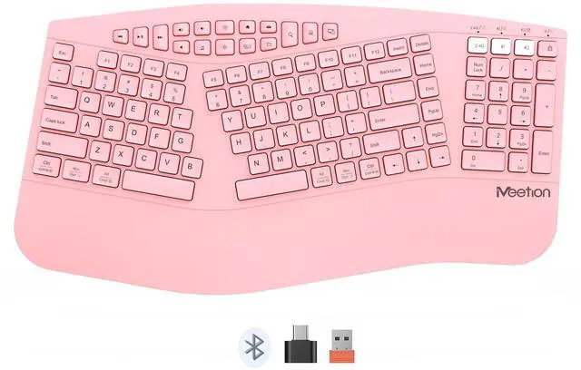 Main image of MEETION Ergonomic Keyboard Wireless, Multi-Device Bluetooth Keyboard, Full-Sized Rechargeable Split Computer Keyboards, Wrist Rest for Natural Typing, for Windows/Mac/Laptop/Table/PC, Pink
