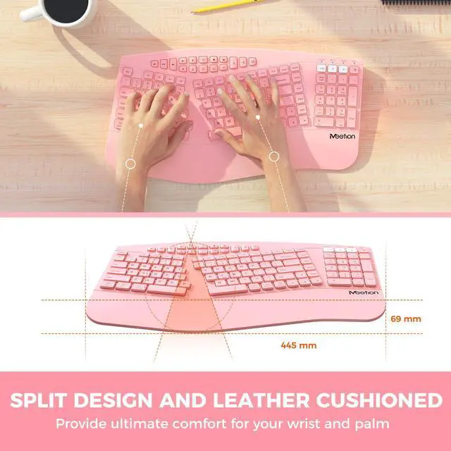 Alt view image 3 of 5 - MEETION Ergonomic Keyboard Wireless, Multi-Device Bluetooth Keyboard, Full-Sized Rechargeable Split Computer Keyboards, Wrist Rest for Natural Typing, for Windows/Mac/Laptop/Table/PC, Pink