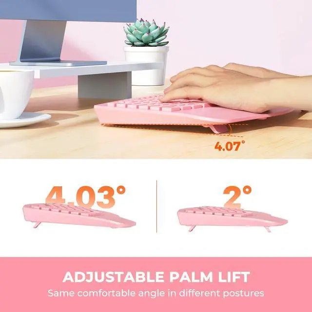 Alt view image 5 of 5 - MEETION Ergonomic Keyboard Wireless, Multi-Device Bluetooth Keyboard, Full-Sized Rechargeable Split Computer Keyboards, Wrist Rest for Natural Typing, for Windows/Mac/Laptop/Table/PC, Pink