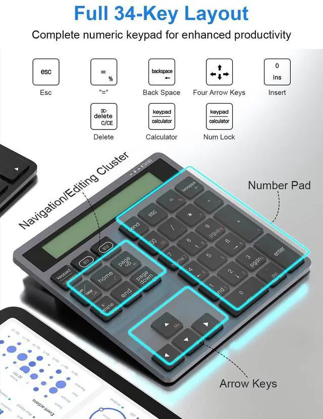 Alt view image 2 of 5 - Rechargeable Bluetooth Number Pad with Display Calculator - 2-in-1 Wireless & Wired Number Pad Slim 34-Key Portable Accounting Bluetooth Keypad Data Entry & Calculation 2in1 for Laptop MacBook PC