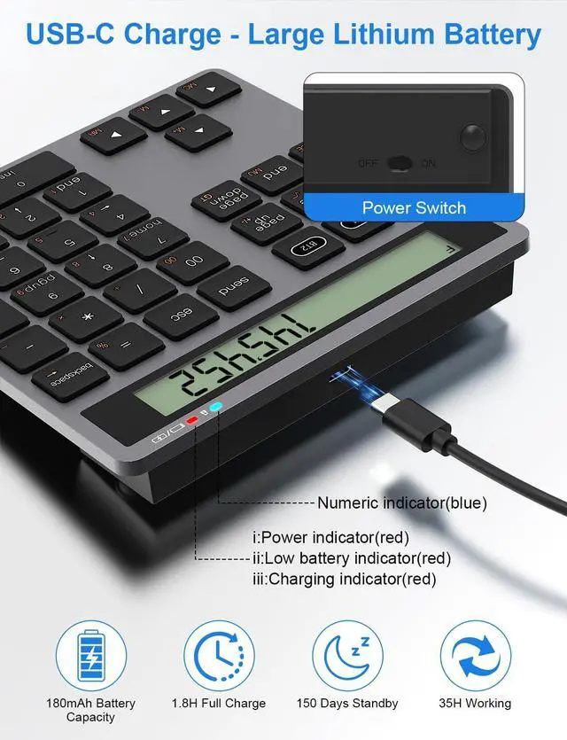 Alt view image 3 of 5 - Rechargeable Bluetooth Number Pad with Display Calculator - 2-in-1 Wireless & Wired Number Pad Slim 34-Key Portable Accounting Bluetooth Keypad Data Entry & Calculation 2in1 for Laptop MacBook PC