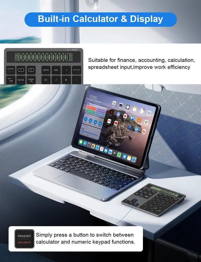 Alt view image 4 of 5 - Rechargeable Bluetooth Number Pad with Display Calculator - 2-in-1 Wireless & Wired Number Pad Slim 34-Key Portable Accounting Bluetooth Keypad Data Entry & Calculation 2in1 for Laptop MacBook PC