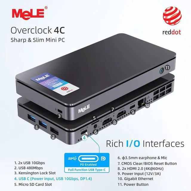 Alt view image 2 of 5 - MeLE Overclock4C N300 Mini PC (up to 3.8GHz 8C/8T) 32GB DDR4 1TB Micro Desktop Computer, 4K Triple Display, All-in-one USB-C, USB3.2/WiFi/BT/Ethernet on Business Home Office