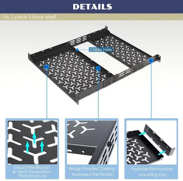 Alt view image 4 of 5 - OCEANHUG 1U Rack Shelves (2-Pack), 1 PCS 8" Deep Cantilever & 1 PCS 12" Deep Cantilever, with Optional Joints to Combine as One Full Size Server Rack Shelf