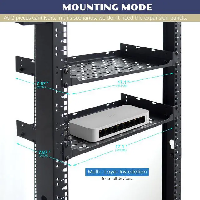 Alt view image 5 of 5 - OCEANHUG 1U Rack Shelves (2-Pack), 1 PCS 8" Deep Cantilever & 1 PCS 12" Deep Cantilever, with Optional Joints to Combine as One Full Size Server Rack Shelf