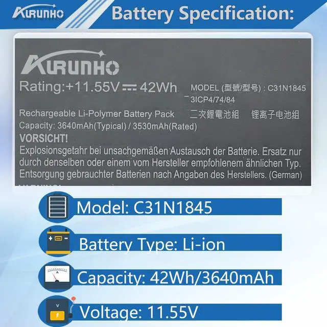 Alt view image 2 of 5 - AURUNHO C31N1845 42Wh Laptop Battery Replacement for Asus Chromebook Flip C436FA C436FA-DS388T C436FA-DS599T C436FA-E10087 Series 0B200-03570000 11.55V