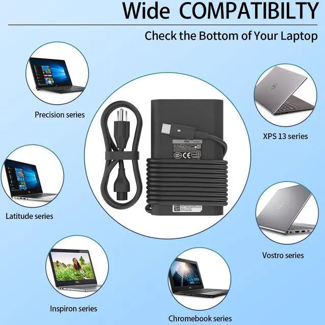 Alt view image 3 of 5 - New Slim 65W 60W 45W USB C Laptop Charger Fit for Dell Latitude 7420 5420 5520 5450 5530 5540 5430 7350 7390 5440 5290 7440 7400 XPS 13 7390 9300 ChromeBook 3100 LA65NM170 AC Adapter Type C Power Cord