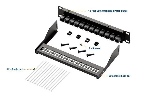 Alt view image 5 of 5 - iwillink 10Gbps Patch Panel 12 Port, 10-Inch Through Coupler RJ45 Cat6 Patch Panel with Back Bar, Wallmount or Rackmount, Compatible with Cat5, Cat5e, Cat6 Cabling