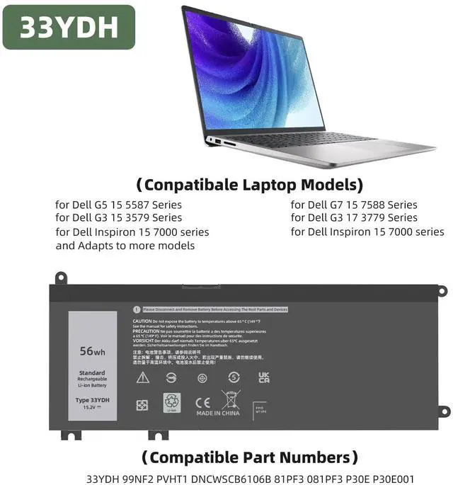 Alt view image 2 of 5 - JGTM 56Wh 33YDH Battery Replacement for Dell 17 7000 7779 13 7353 17 7778 15 7778 15 7577 P30E 7786 7773 3779 G5 7588 3579 5587 G7 G3 Latitude 13 3380 14 3490 15 3590 3580 3500mWh 15.2V