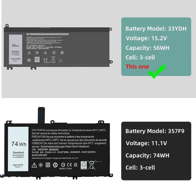 Alt view image 3 of 5 - JGTM 56Wh 33YDH Battery Replacement for Dell 17 7000 7779 13 7353 17 7778 15 7778 15 7577 P30E 7786 7773 3779 G5 7588 3579 5587 G7 G3 Latitude 13 3380 14 3490 15 3590 3580 3500mWh 15.2V