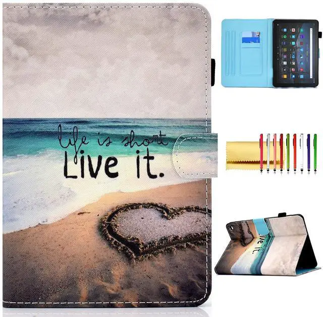 Main image of Folio Cover for Fire HD 10 11th Gen, 2021 Fire HD 10 Plus Case, Techcircle Slim Stand Soft Back Pen Loop Card Holder Wake/Sleep Wallet Case for All-New Amazon Fire HD 10/10 Plus 2021, Love Beach