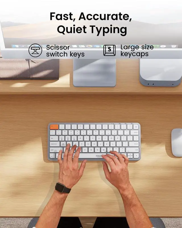 Alt view image 4 of 4 - ProtoArc Backlit Compact Wireless Keyboard for Mac, K90-A Bluetooth Keyboard, Multi-Device, Low Profile, Fluid Quiet Typing, Rechargeable, Compatible with MacBook Pro/Air, iPad - White Silver