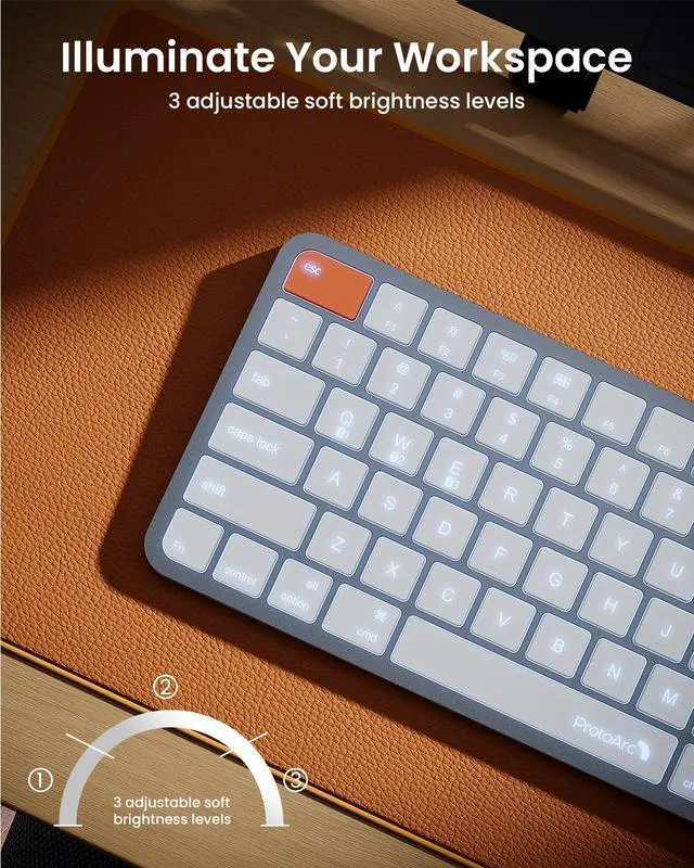 Alt view image 3 of 4 - ProtoArc Backlit Compact Wireless Keyboard for Mac, K90-A Bluetooth Keyboard, Multi-Device, Low Profile, Fluid Quiet Typing, Rechargeable, Compatible with MacBook Pro/Air, iPad - White Silver