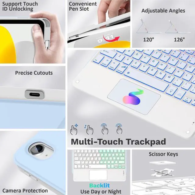 Alt view image 3 of 5 - MoKo Touch Keyboard Case for iPad (A16) 11th Generation 11 inch 2025, iPad 10th Generation 10.9 inch Case with Pencil Holder, 7 Colors Backlit Multi-TrackPad Detachable Bluetooth Keyboard, Sky Blue