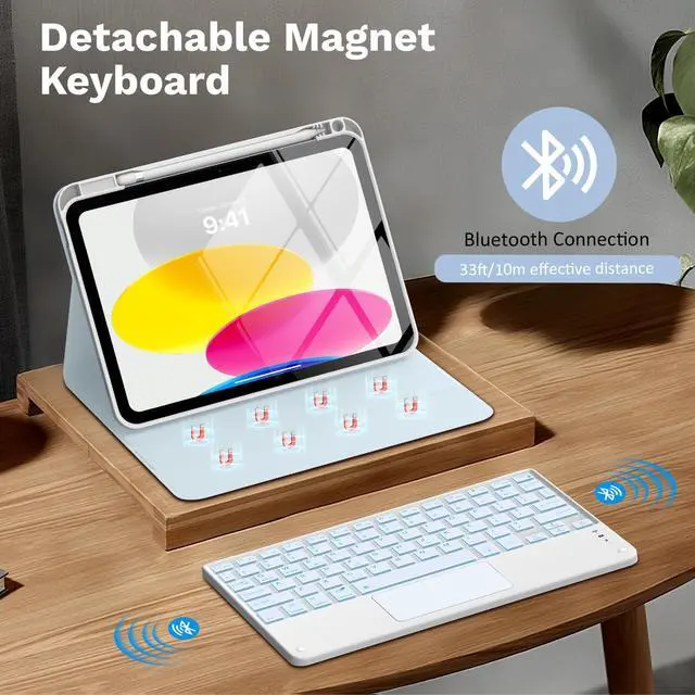 Alt view image 4 of 5 - MoKo Touch Keyboard Case for iPad (A16) 11th Generation 11 inch 2025, iPad 10th Generation 10.9 inch Case with Pencil Holder, 7 Colors Backlit Multi-TrackPad Detachable Bluetooth Keyboard, Sky Blue