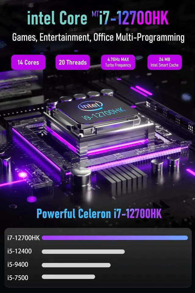 Alt view image 3 of 5 - FUNYET Mini PC Gaming PC,Desktop Computer,Intel i7-12700H Processor 14 Cores 20 Threads (up to 5GHz),RTX 3050 12G Mini Tower Computer,32GB RAM 1TB SSD,Support 4K Display, Dual LAN,WiFi 5,BT 5.0,RGB