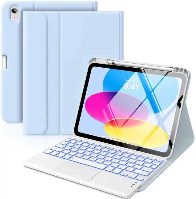 Main image of MoKo Touch Keyboard Case for iPad (A16) 11th Generation 11 inch 2025, iPad 10th Generation 10.9 inch Case with Pencil Holder, 7 Colors Backlit Multi-TrackPad Detachable Bluetooth Keyboard, Sky Blue