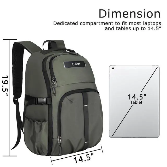 Alt view image 3 of 5 - Goloni Travel Laptop Backpack for Men & Women, Airplane Approved 35L Carry-On Backpack with 15.6 Inch Laptop Compartment, Water-Resistant Business Backpack,Bookbag for Travel, Work,Gery