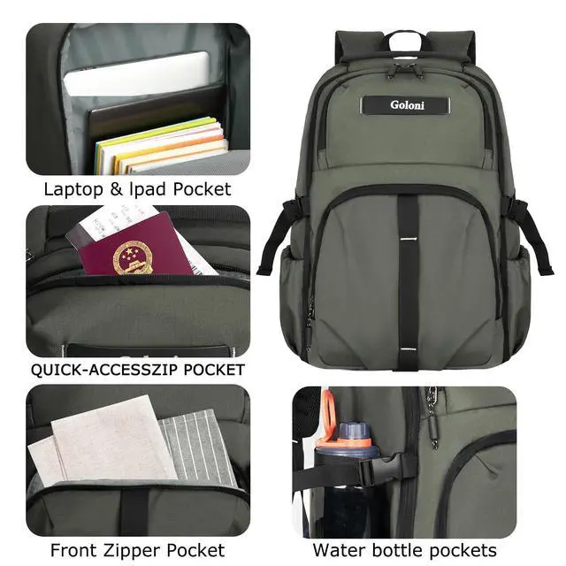 Alt view image 4 of 5 - Goloni Travel Laptop Backpack for Men & Women, Airplane Approved 35L Carry-On Backpack with 15.6 Inch Laptop Compartment, Water-Resistant Business Backpack,Bookbag for Travel, Work,Gery