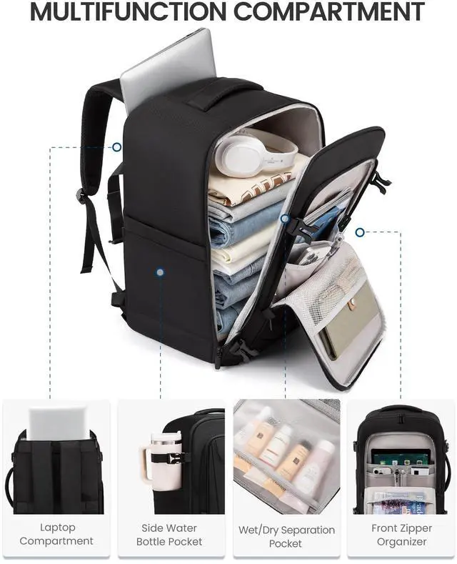 Alt view image 4 of 5 - LOVEVOOK Travel Backpack for Men, 40L Carry on Backpack Flight Approved with 3 Packing Cubes, Extra Large Personal Item Bag Fit 17.3 inch Laptop for Business Trip Weekender, Waterproof Daypack, Blue