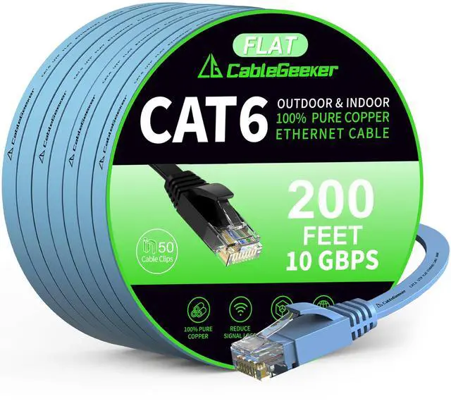 Main image of Cat 6 Ethernet Cable 200 ft, High Speed 10Gbps Flat Internet Network Cable, Pure Copper Ethernet Patch Cable Long, Computer LAN Cable with Clips & Straps for Router, Modem, PS4/5, Blue