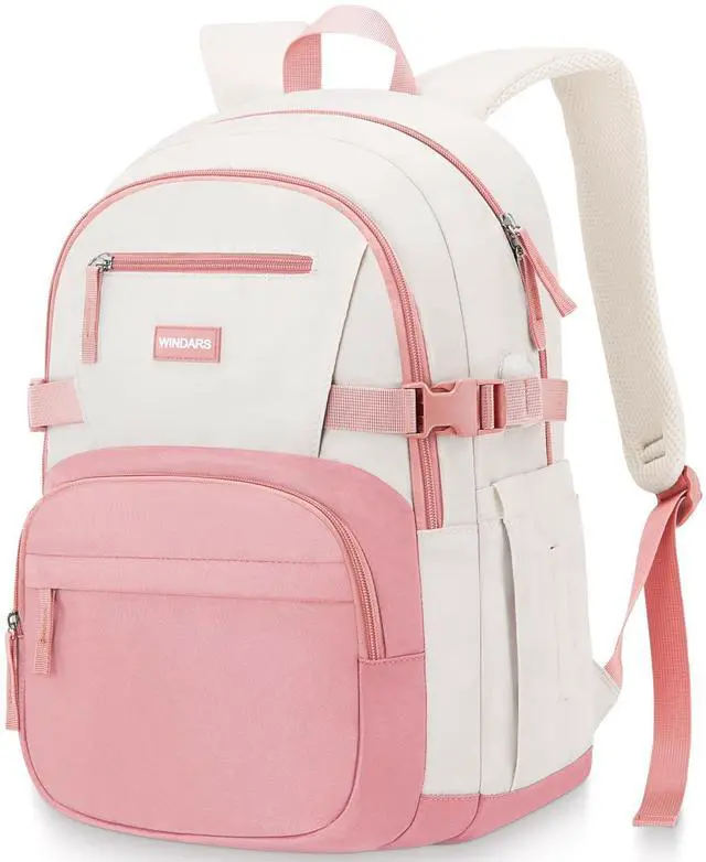 Main image of WINDARS Backpack for School Girls, Cute High School Backpacks for Teens Women Student Large Bookbag 15.6 Inch Laptop Bag with USB Charger Port for College Work Travel Trip (Pink Beige)