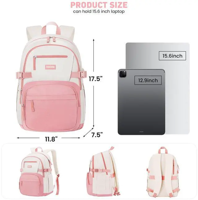 Alt view image 3 of 5 - WINDARS Backpack for School Girls, Cute High School Backpacks for Teens Women Student Large Bookbag 15.6 Inch Laptop Bag with USB Charger Port for College Work Travel Trip (Pink Beige)