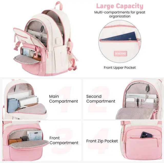 Alt view image 2 of 5 - WINDARS Backpack for School Girls, Cute High School Backpacks for Teens Women Student Large Bookbag 15.6 Inch Laptop Bag with USB Charger Port for College Work Travel Trip (Pink Beige)