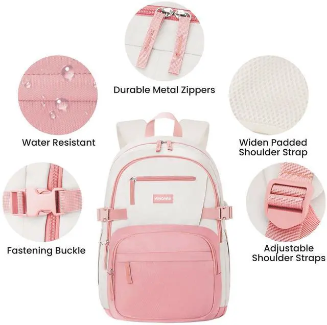 Alt view image 4 of 5 - WINDARS Backpack for School Girls, Cute High School Backpacks for Teens Women Student Large Bookbag 15.6 Inch Laptop Bag with USB Charger Port for College Work Travel Trip (Pink Beige)