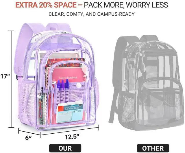 Alt view image 4 of 5 - ZORFIN Clear Backpack Heavy Duty for School & Work  17in Transparent PVC Bag with Large Capacity & Reinforced Straps  See Through Bookbag for Men, Women, Boys & Girls, Workplace Security - Purple