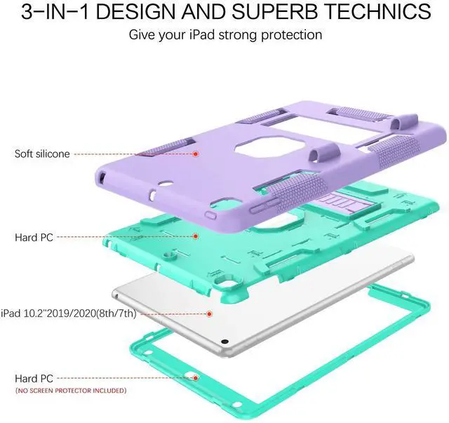 Alt view image 3 of 5 - BENTOBEN for iPad 9th Generation Case, iPad 8th Generation Case, iPad 7th Gen Case, iPad 10.2 2021/2020/2019 Case, 3 in 1 Heavy Duty Shockproof Protective Cover with Stand Pen Holder, Purple/Green