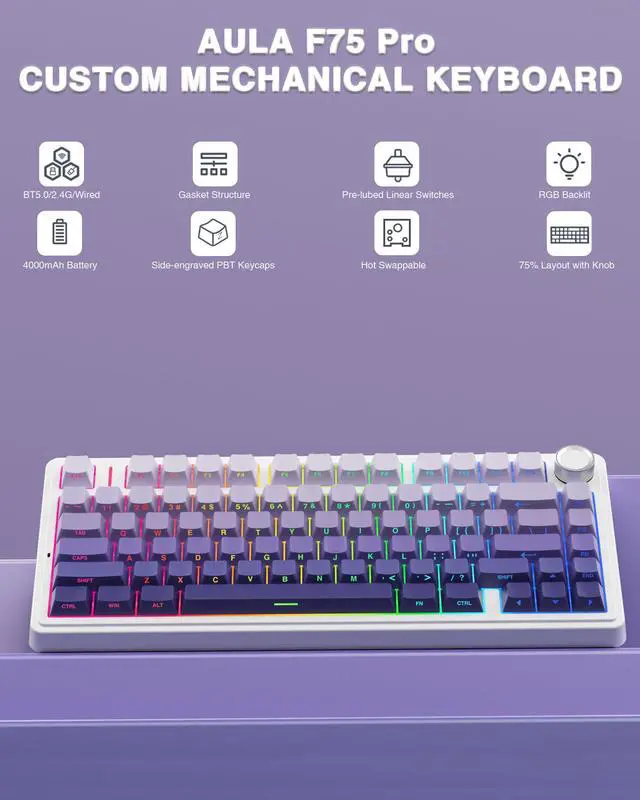 Alt view image 3 of 5 - AULA Wireless Keyboard and Mouse Combo, F75 Pro Mechanical Keyboards,75% Gasket Hot Swappable Custom Keyboard+SC580 Wireless Gaming Mouse Black