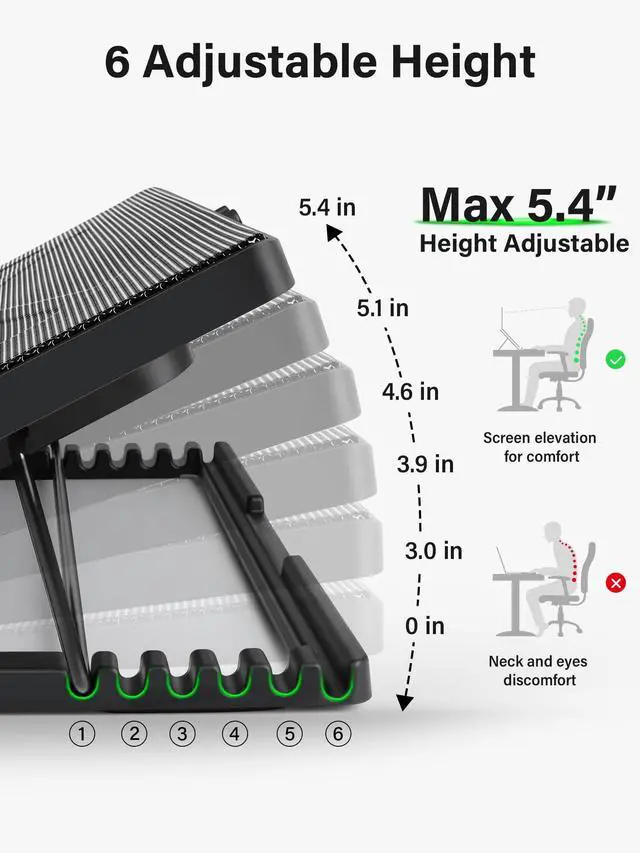 Alt view image 3 of 5 - Kootek Laptop Cooling Pad, Laptop Cooler with 5 Quiet Fans for 12"-17" Computer PC Notebook Gaming Laptop Fan, Height Adjustable Laptop Cooling Stand Laptop Accessories, Green