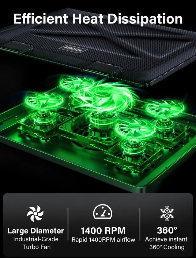 Alt view image 2 of 5 - Kootek Laptop Cooling Pad, Laptop Cooler with 5 Quiet Fans for 12"-17" Computer PC Notebook Gaming Laptop Fan, Height Adjustable Laptop Cooling Stand Laptop Accessories, Green
