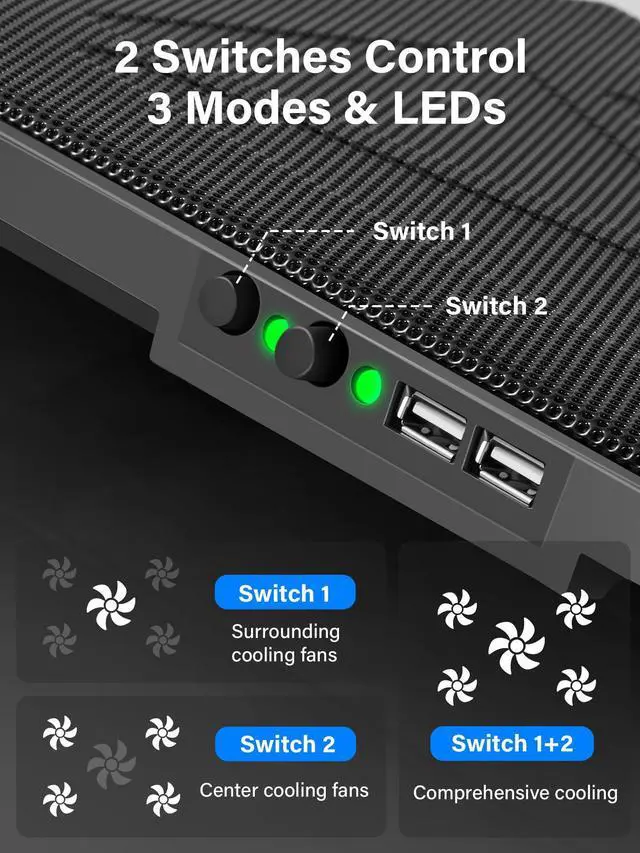 Alt view image 4 of 5 - Kootek Laptop Cooling Pad, Laptop Cooler with 5 Quiet Fans for 12"-17" Computer PC Notebook Gaming Laptop Fan, Height Adjustable Laptop Cooling Stand Laptop Accessories, Green