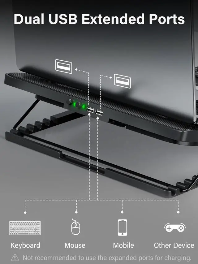 Alt view image 5 of 5 - Kootek Laptop Cooling Pad, Laptop Cooler with 5 Quiet Fans for 12"-17" Computer PC Notebook Gaming Laptop Fan, Height Adjustable Laptop Cooling Stand Laptop Accessories, Green