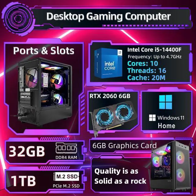 Alt view image 2 of 5 - Prebuilt Gaming PC Desktop Computer, 14th Core i5-14400Fup to 4.7GHz,32GB DDR4 3200 RAM, 1TB M.2 NVME SSD,RTX2060 6GB GDDR6 Graphics Card WIFI6 HDMI,RGB Fan x5,Windows 11 Home