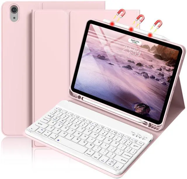 Main image of BQDIYOO Case for iPad Air 7th/6th 11-inch M3/M2 (2025/2024) & 10.9 inch Air 5th 4th Gen with Keyboard 2022 2020, Detachable Wireless Keyboard Cover with Pencil Holder, Auto Sleep/Wake, Pink