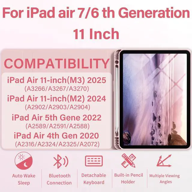 Alt view image 2 of 5 - BQDIYOO Case for iPad Air 7th/6th 11-inch M3/M2 (2025/2024) & 10.9 inch Air 5th 4th Gen with Keyboard 2022 2020, Detachable Wireless Keyboard Cover with Pencil Holder, Auto Sleep/Wake, Pink