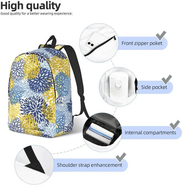 Alt view image 5 of 5 - Duduho Blue Yellow And Navy Chrysanthemum Flowers Backpack 15.7 Inch Laptop Backpack Travel Hiking Daypack Daisy Floral Multipurpose Bookbag For Men Women