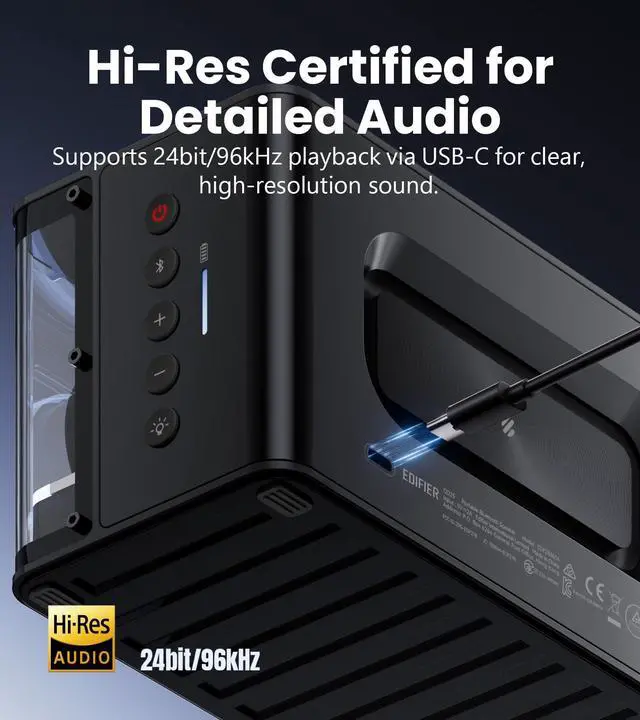 Alt view image 3 of 5 - Edifier QD25 Bluetooth Speaker | Portable Desktop Audio, 25W (RMS) Dynamic Sound, Hi-Res Audio, Splendid Light Effects, 15H Playtime, Bluetooth 6.0, Wireless Stereo Pairing, Black