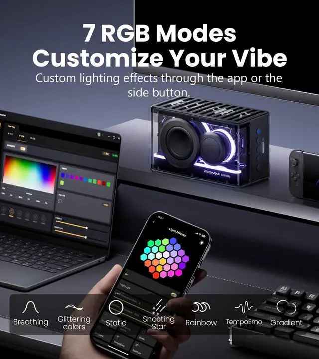 Alt view image 4 of 5 - Edifier QD25 Bluetooth Speaker | Portable Desktop Audio, 25W (RMS) Dynamic Sound, Hi-Res Audio, Splendid Light Effects, 15H Playtime, Bluetooth 6.0, Wireless Stereo Pairing, Black