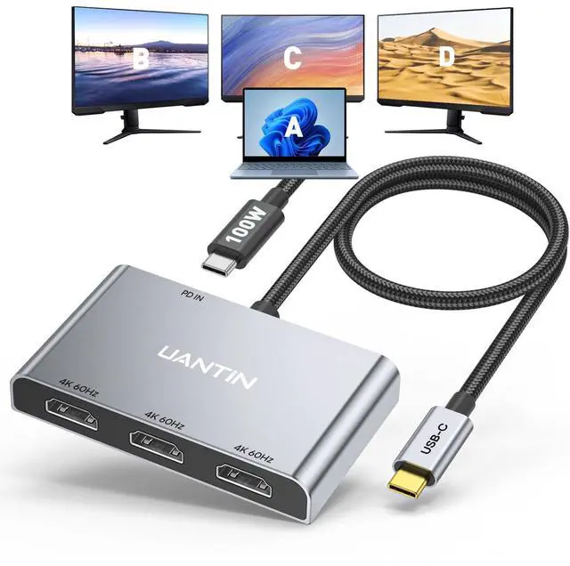Main image of UANTIN USB C to 3 HDMI Adapter with PD 100W, 4K@60Hz HDMI Splitter Extended Display for Multi-Monitors, Adapter for 3 Monitor, Windows Allows Display 4 Separate Screens, macOS Only Mirror Mode