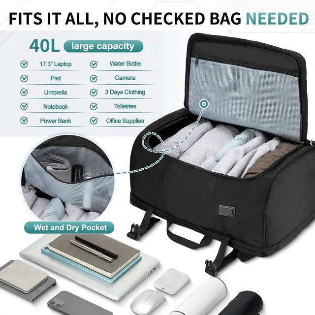 Alt view image 4 of 5 - SUIKIHUM 40L Travel Backpack, TSA Friendly Flight Approved Carry on Backpack for Men Women, Fits 17.3 Inch Laptop with USB-A&C Ports, Weekender Bag, Black