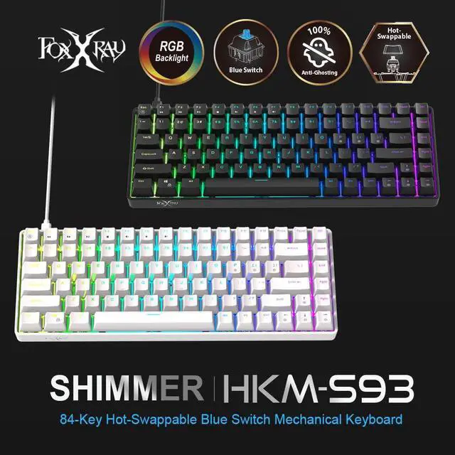 Alt view image 2 of 5 - FOXXRAY HKM-S93 Wired Mechanical Gaming Keyboard, Compact 75% Small Size Keyboard for PC, 84 Keys Hot-Swappable Blue Switch, RGB Backlit with Customizable Keys, Double Shot Keycaps (White)